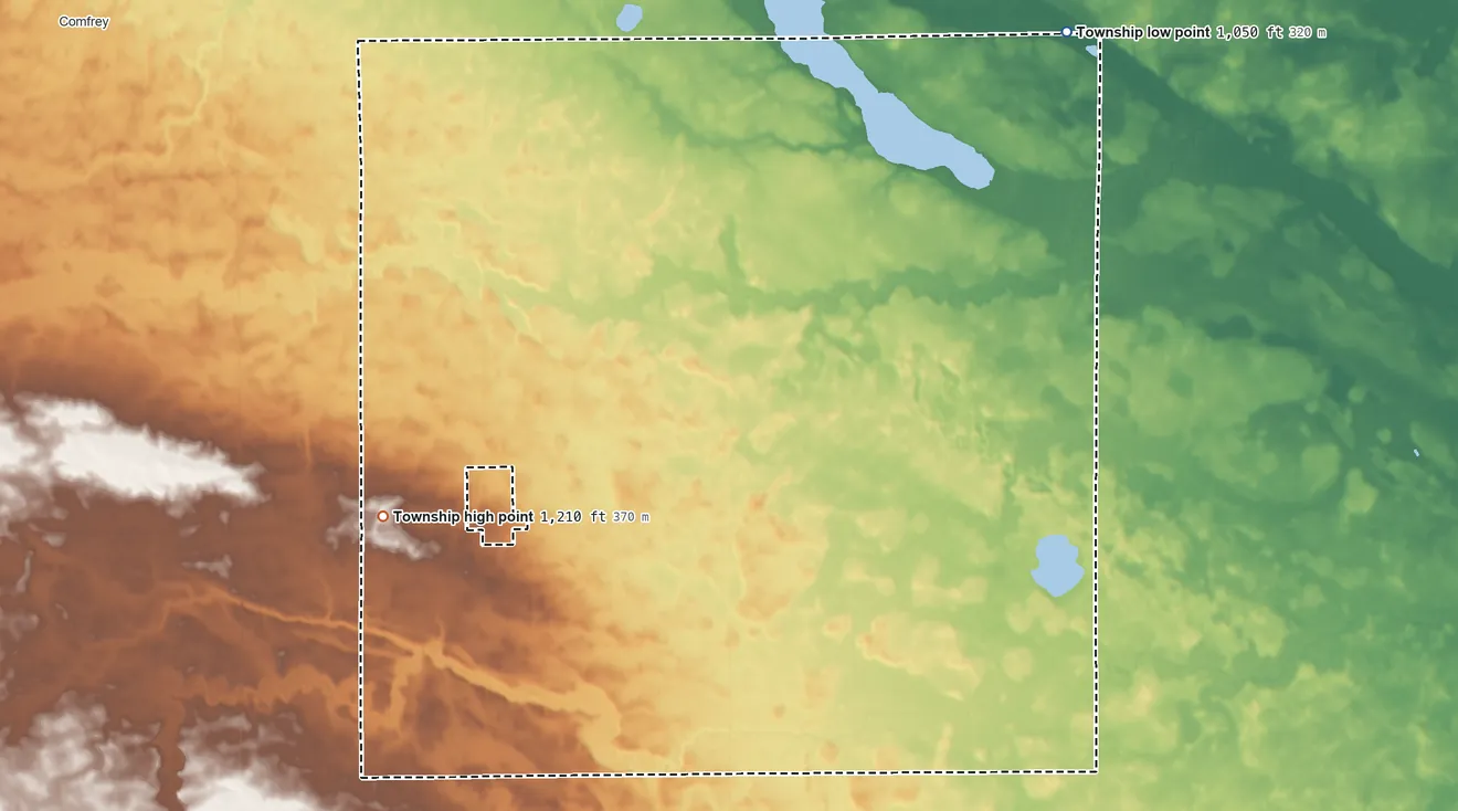 Topographic elevation map of Adrian Township, Minnesota, shaded from 1,050 ft on the northeast side to 1,210 ft on the southwest side