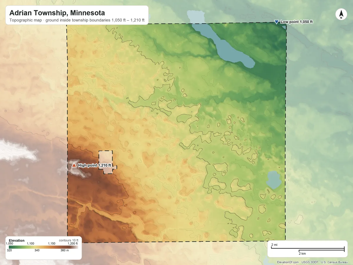 Topographic elevation map of Adrian Township, Minnesota, shaded from 1,050 ft on the northeast side to 1,210 ft on the southwest side