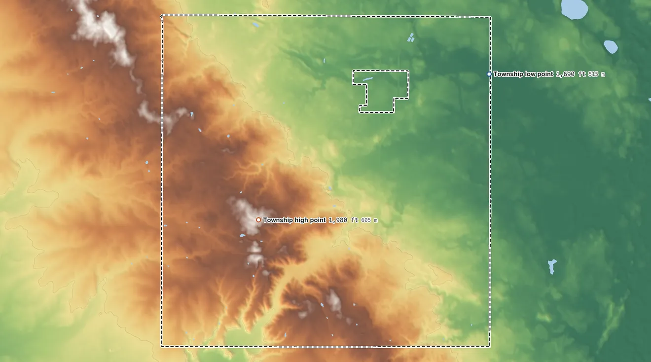 Topographic elevation map of Aetna Township, Minnesota, shaded from 1,690 ft on the northeast side to 1,980 ft on the southwest side