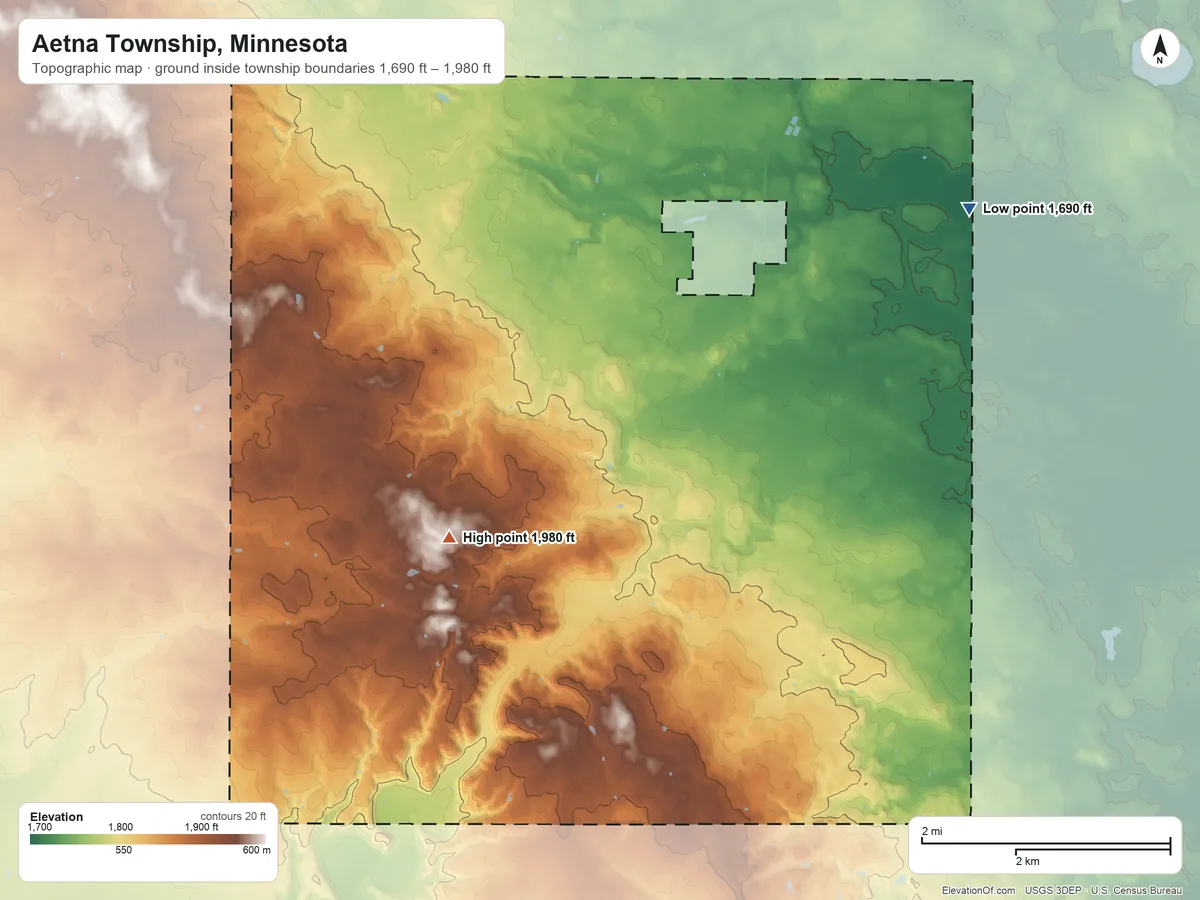 Topographic elevation map of Aetna Township, Minnesota, shaded from 1,690 ft on the northeast side to 1,980 ft on the southwest side
