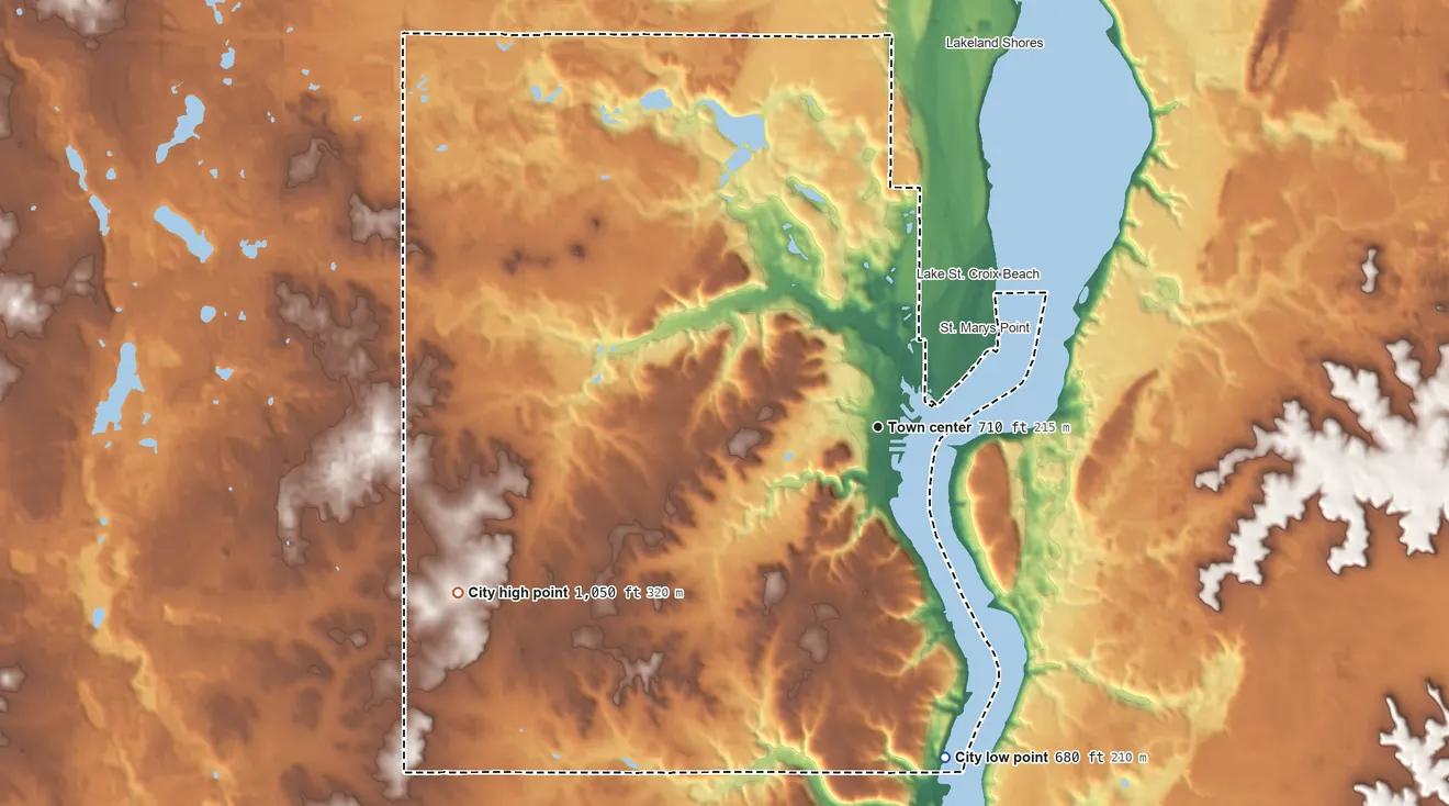 Topographic elevation map of Afton, Minnesota, shaded from 680 ft on the south side to 1,050 ft on the west side