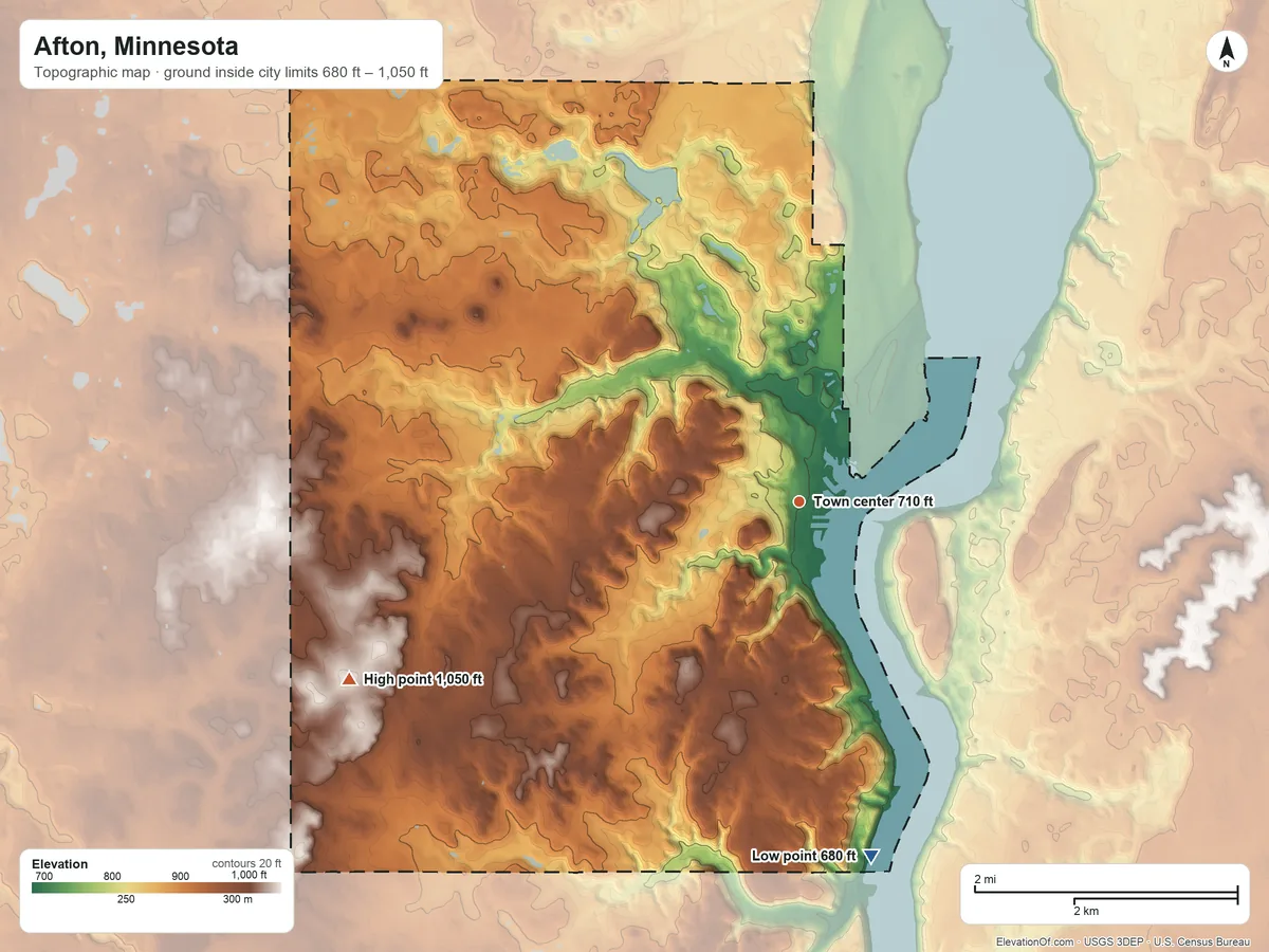 Topographic elevation map of Afton, Minnesota, shaded from 680 ft on the south side to 1,050 ft on the west side