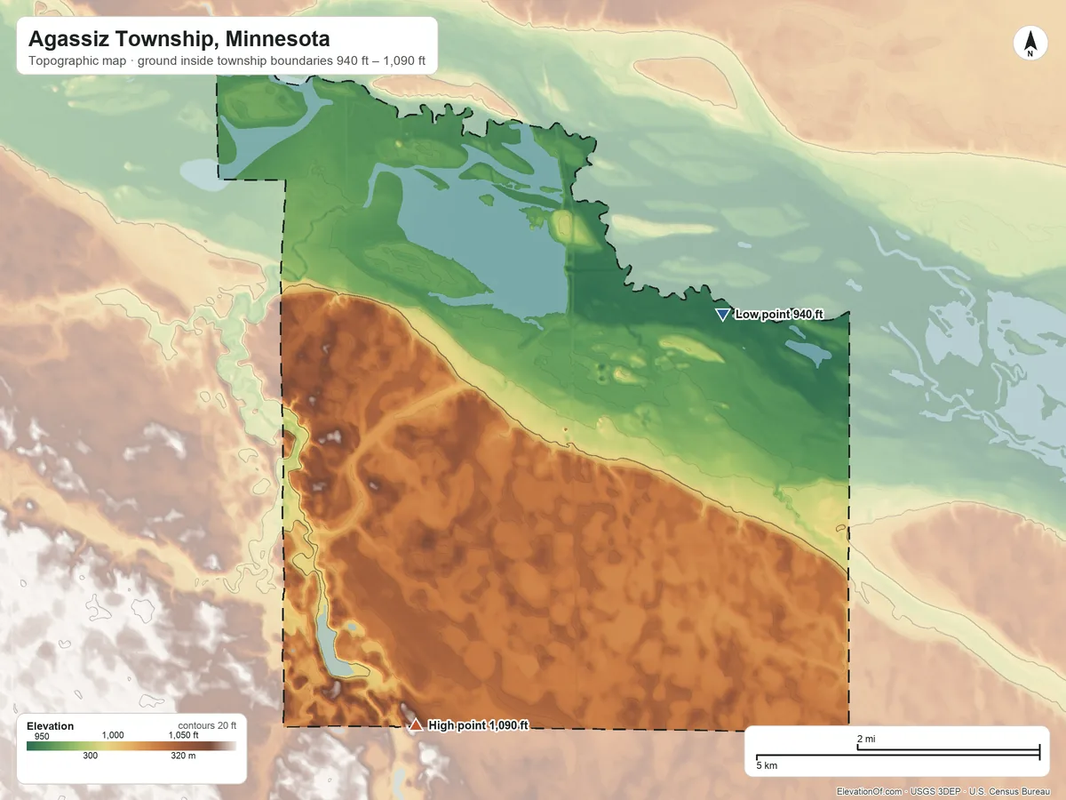 Topographic elevation map of Agassiz Township, Minnesota, shaded from 940 ft on the northeast side to 1,090 ft on the southwest side