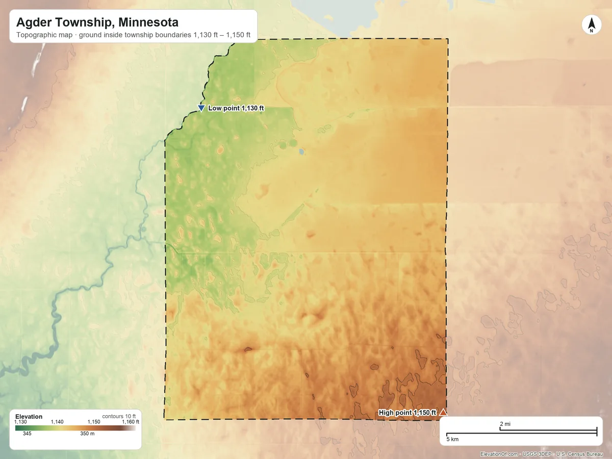 Topographic elevation map of Agder Township, Minnesota, shaded from 1,130 ft on the north side to 1,150 ft on the southeast side