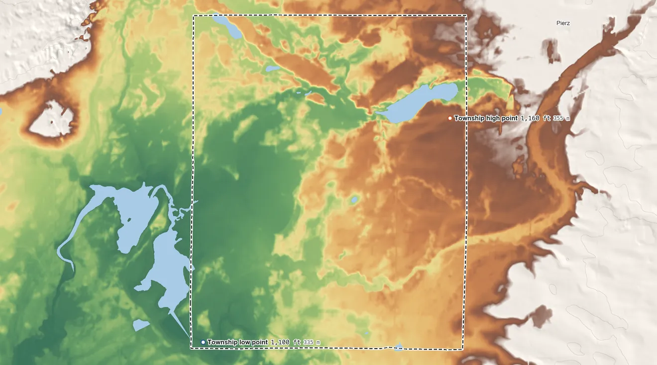 Topographic elevation map of Agram Township, Minnesota, shaded from 1,100 ft on the southwest side to 1,160 ft on the east side