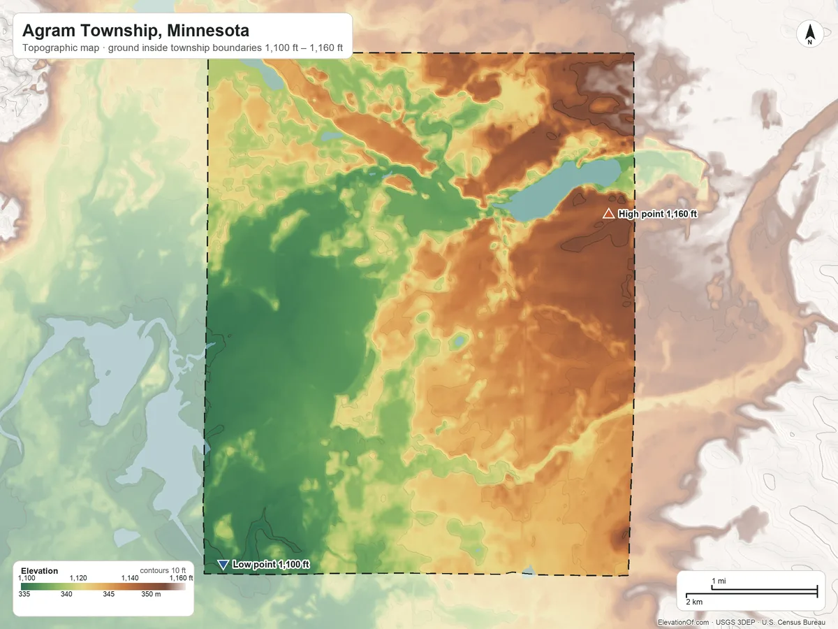 Topographic elevation map of Agram Township, Minnesota, shaded from 1,100 ft on the southwest side to 1,160 ft on the east side