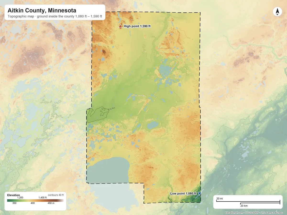 Topographic elevation map of Aitkin County, Minnesota, shaded from 1,080 ft on the southeast side to 1,590 ft on Quadna Mountain