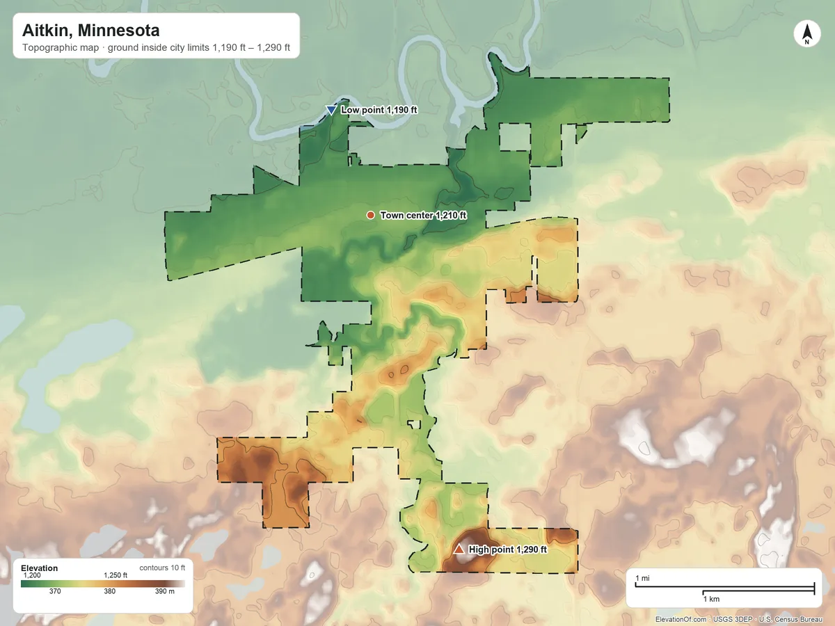 Topographic elevation map of Aitkin, Minnesota, shaded from 1,190 ft on the north side to 1,290 ft on the south side