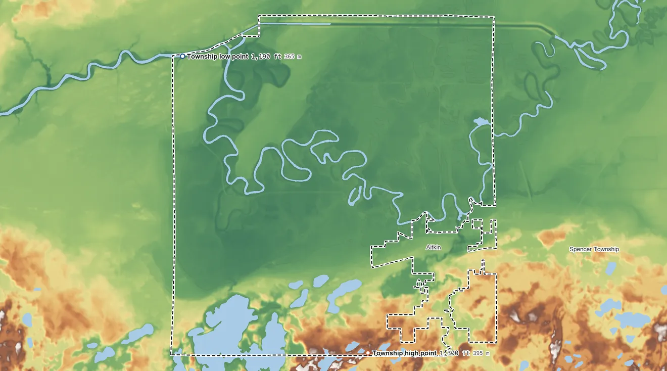 Topographic elevation map of Aitkin Township, Minnesota, shaded from 1,190 ft on the northwest side to 1,300 ft on the south side