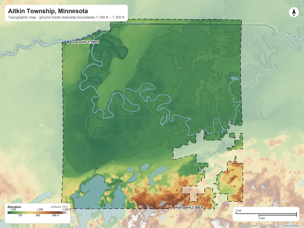 Topographic elevation map of Aitkin Township, Minnesota, shaded from 1,190 ft on the northwest side to 1,300 ft on the south side