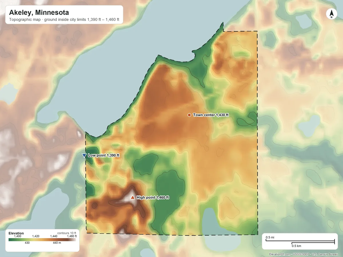 Topographic elevation map of Akeley, Minnesota, shaded from 1,390 ft on the west side to 1,460 ft on the southwest side