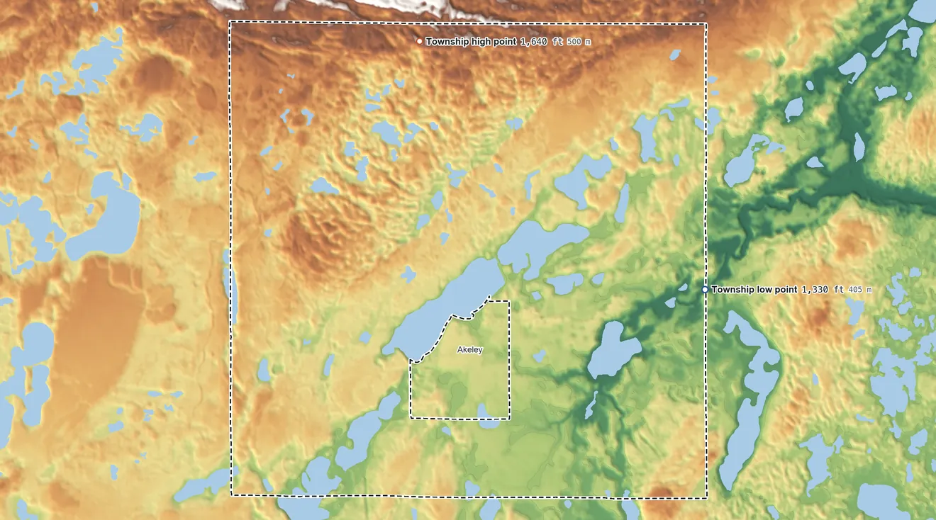 Topographic elevation map of Akeley Township, Minnesota, shaded from 1,330 ft on the east side to 1,640 ft on the north side