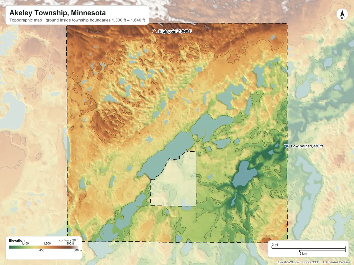 Topographic elevation map of Akeley Township, Minnesota, shaded from 1,330 ft on the east side to 1,640 ft on the north side