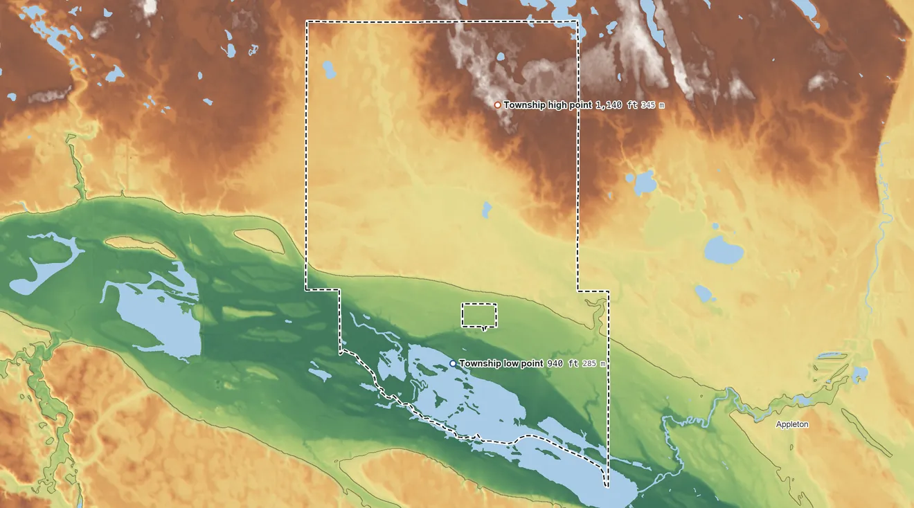Topographic elevation map of Akron Township, Minnesota, shaded from 940 ft on the south side to 1,140 ft on the north side