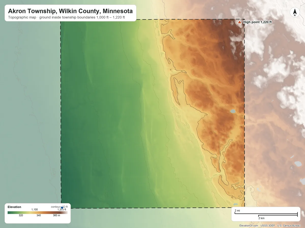 Topographic elevation map of Akron Township, Wilkin County, Minnesota, shaded from 1,000 ft on the southwest side to 1,220 ft on the north side