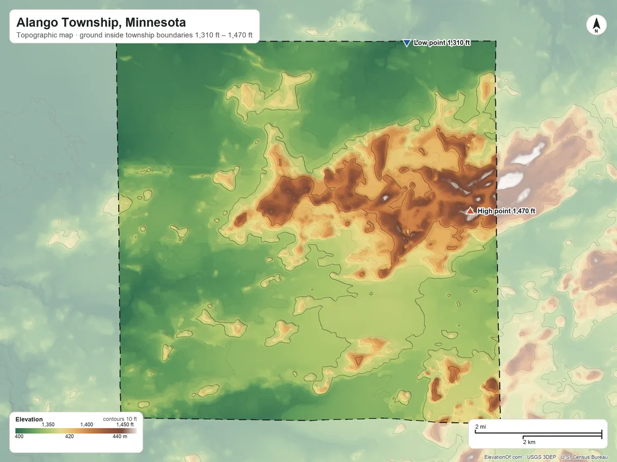 Topographic elevation map of Alango Township, Minnesota, shaded from 1,310 ft on the northeast side to 1,470 ft on the east side