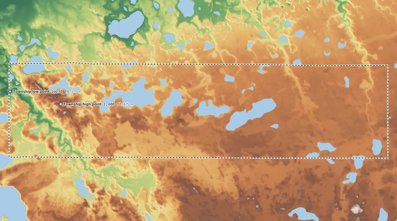 Topographic elevation map of Alaska Township, Minnesota, shaded from 1,230 ft on the west side to 1,400 ft on the west side