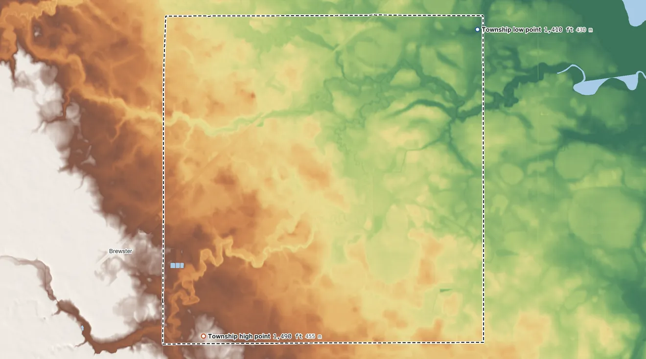 Topographic elevation map of Alba Township, Minnesota, shaded from 1,410 ft on the northeast side to 1,490 ft on the southwest side
