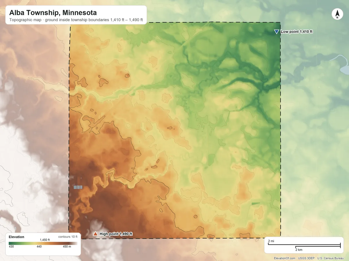 Topographic elevation map of Alba Township, Minnesota, shaded from 1,410 ft on the northeast side to 1,490 ft on the southwest side