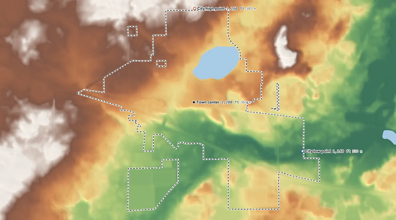 Topographic elevation map of Albany, Minnesota, shaded from 1,140 ft on the southeast side to 1,260 ft on the north side