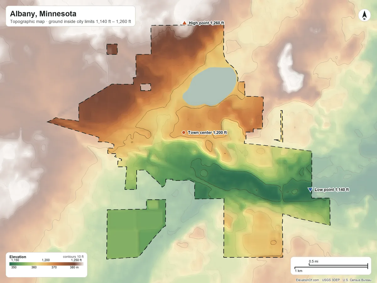 Topographic elevation map of Albany, Minnesota, shaded from 1,140 ft on the southeast side to 1,260 ft on the north side