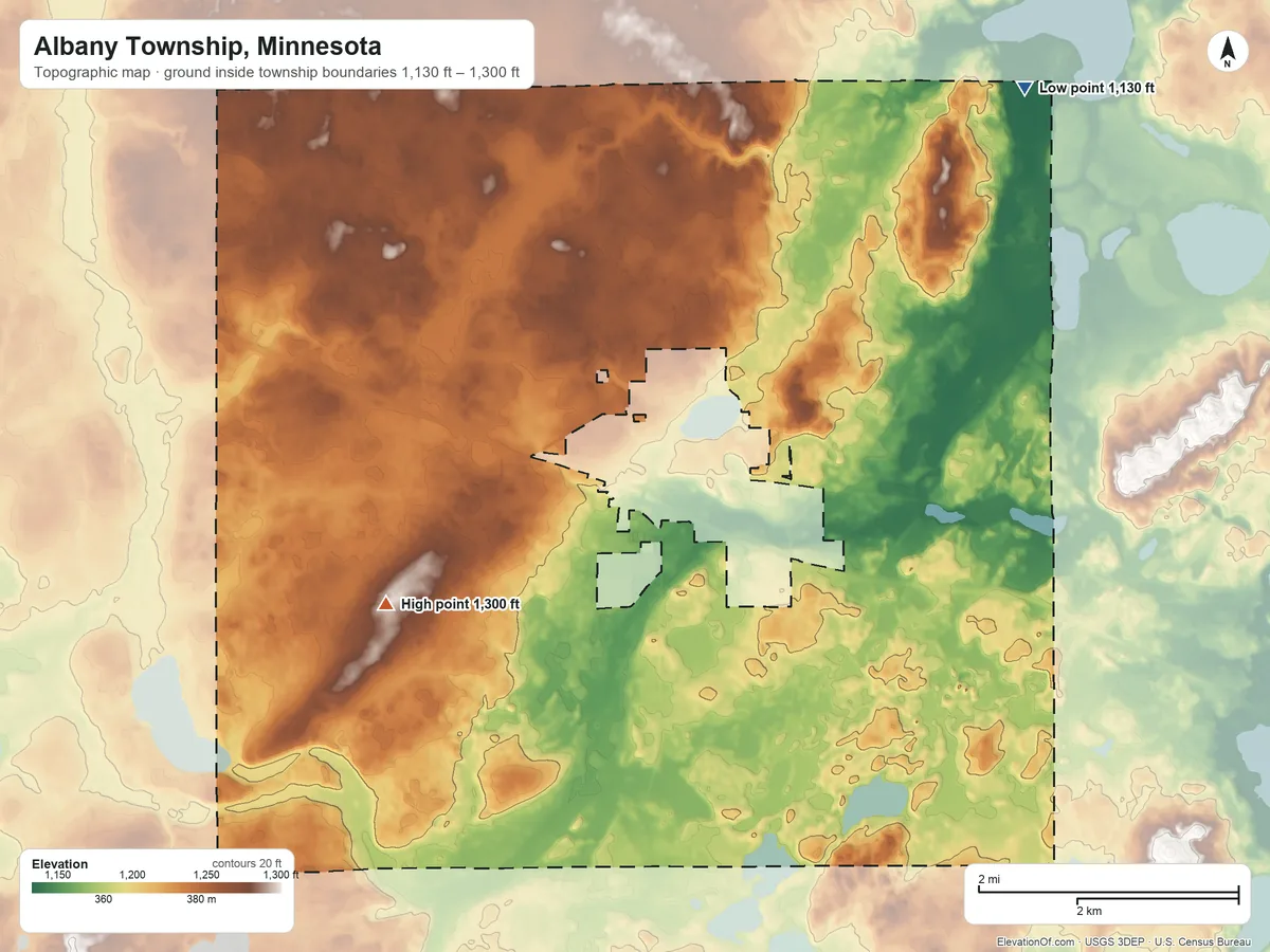 Topographic elevation map of Albany Township, Minnesota, shaded from 1,130 ft on the northeast side to 1,300 ft on the west side