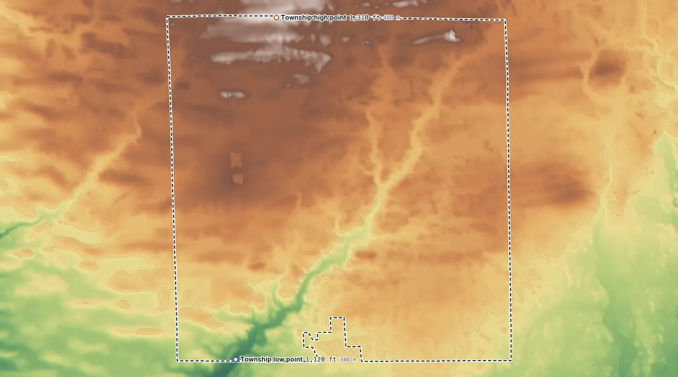 Topographic elevation map of Alberta Township, Minnesota, shaded from 1,120 ft on the southwest side to 1,310 ft on the north side