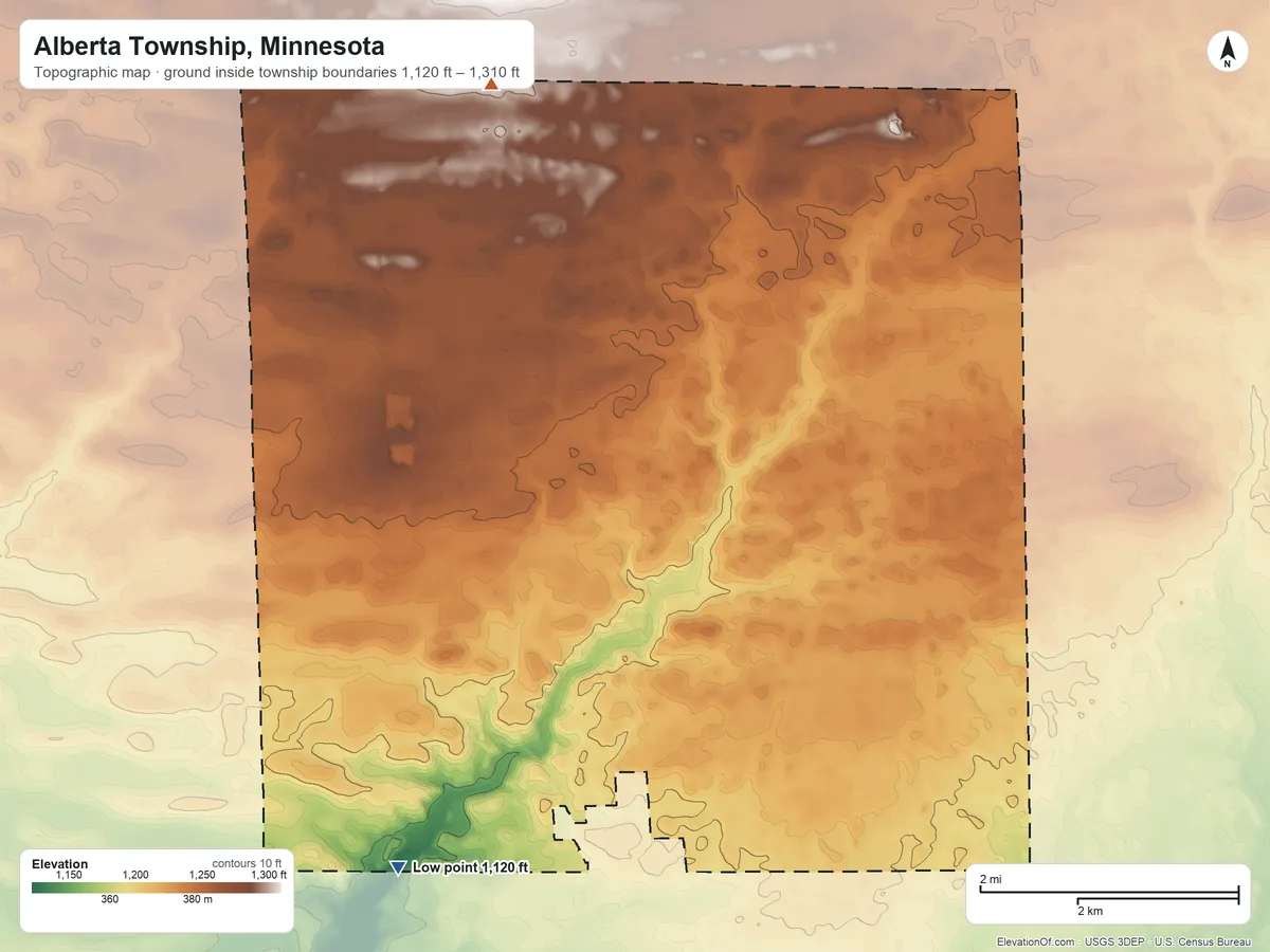 Topographic elevation map of Alberta Township, Minnesota, shaded from 1,120 ft on the southwest side to 1,310 ft on the north side