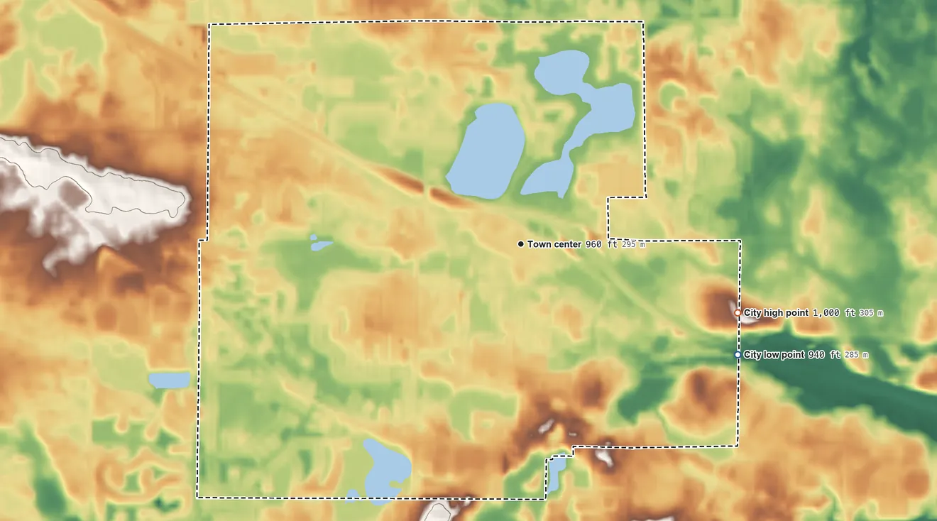 Topographic elevation map of Albertville, Minnesota, shaded from 940 ft on the southeast side to 1,000 ft on the east side