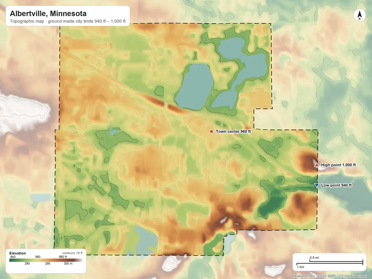Topographic elevation map of Albertville, Minnesota, shaded from 940 ft on the southeast side to 1,000 ft on the east side