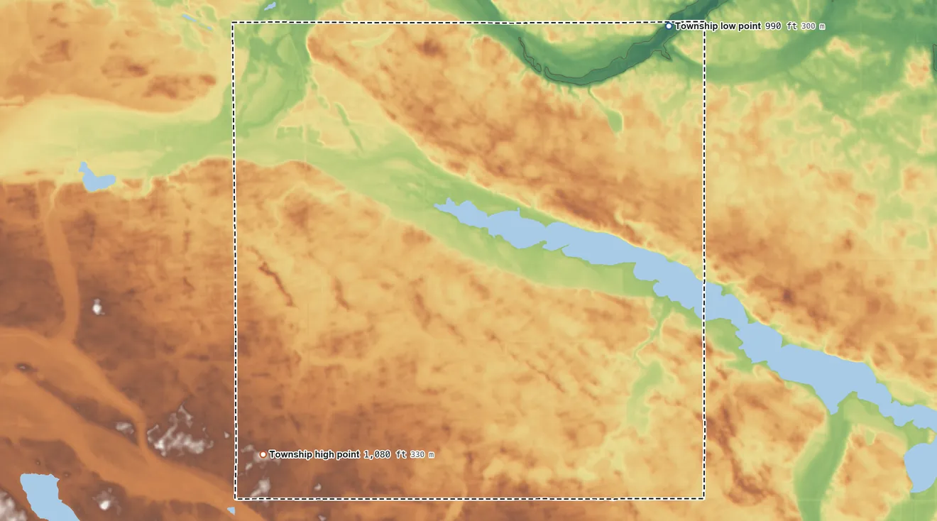 Topographic elevation map of Albin Township, Minnesota, shaded from 990 ft on the northeast side to 1,080 ft on the southwest side