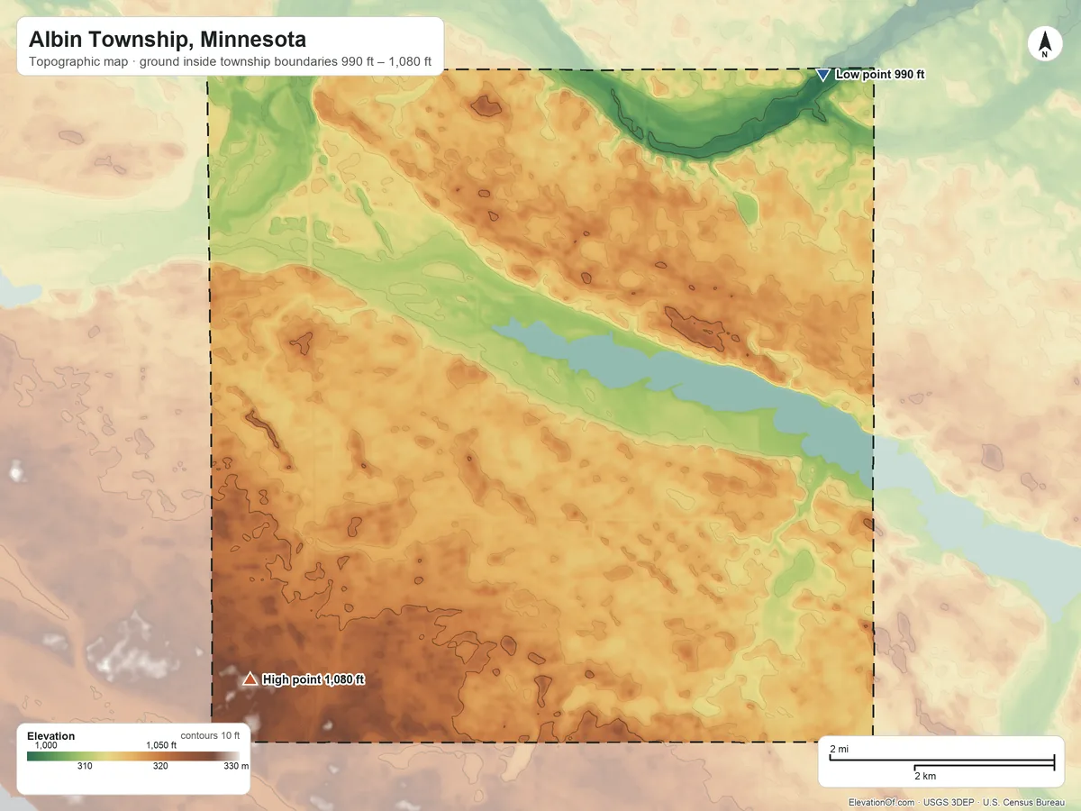 Topographic elevation map of Albin Township, Minnesota, shaded from 990 ft on the northeast side to 1,080 ft on the southwest side
