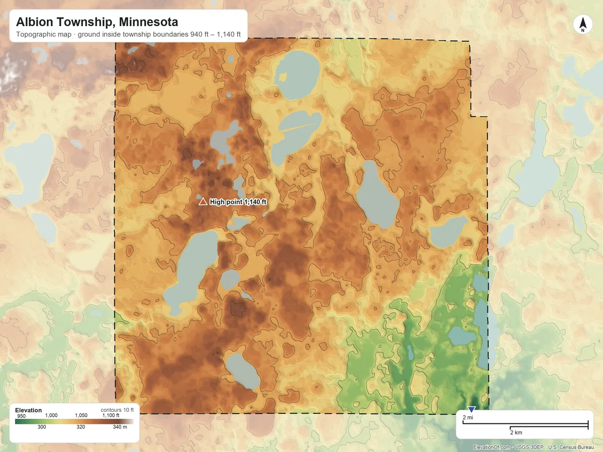 Topographic elevation map of Albion Township, Minnesota, shaded from 940 ft on the southeast side to 1,140 ft on the west side