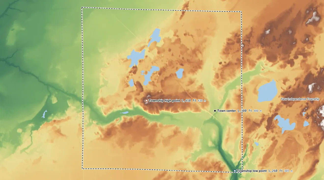 Topographic elevation map of Alborn Township, Minnesota, shaded from 1,260 ft on the south side to 1,410 ft on the west side
