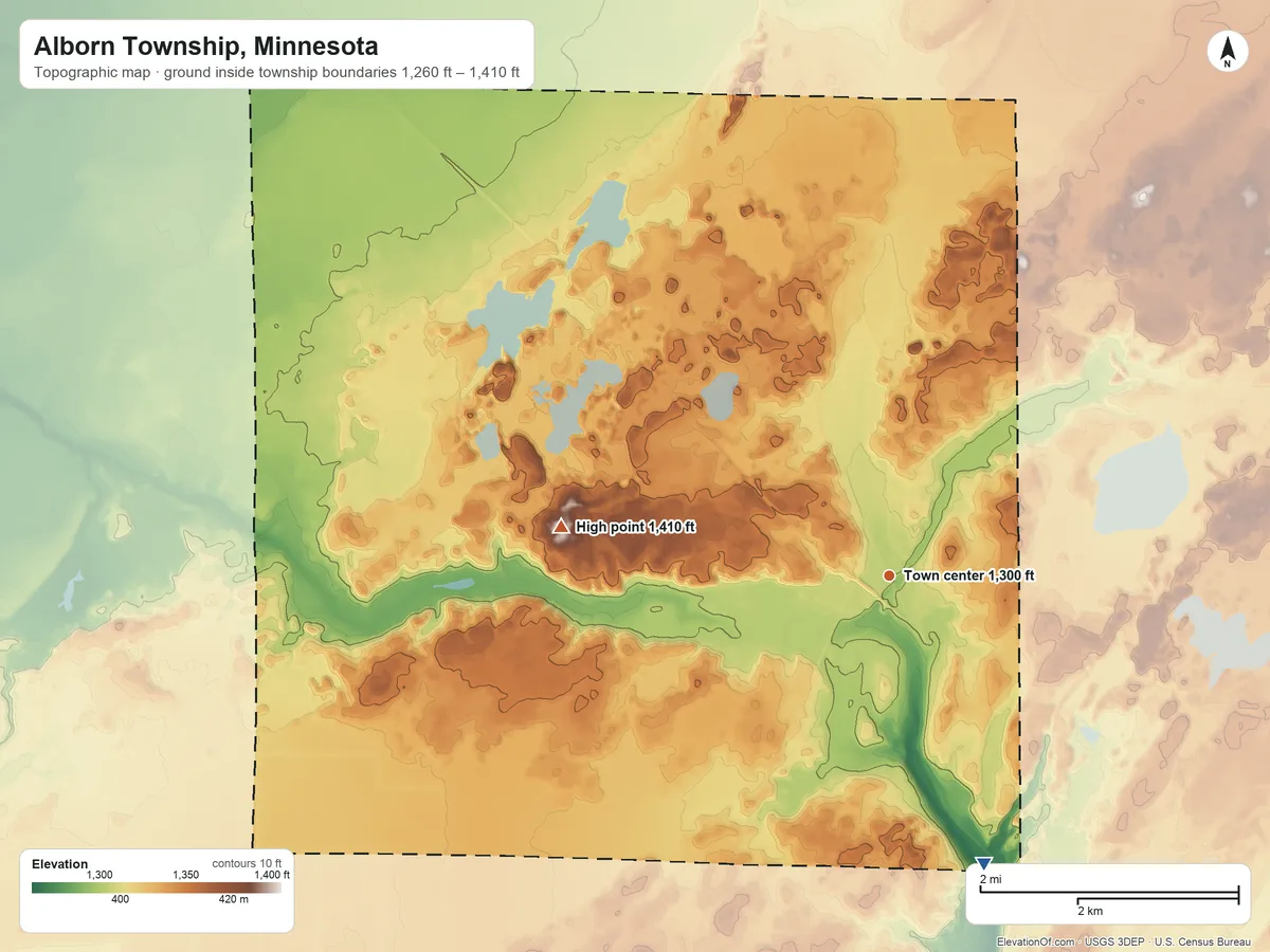 Topographic elevation map of Alborn Township, Minnesota, shaded from 1,260 ft on the south side to 1,410 ft on the west side