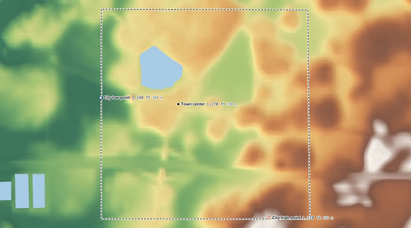 Topographic elevation map of Alden, Minnesota, shaded from 1,240 ft on the west side to 1,320 ft on the southeast side