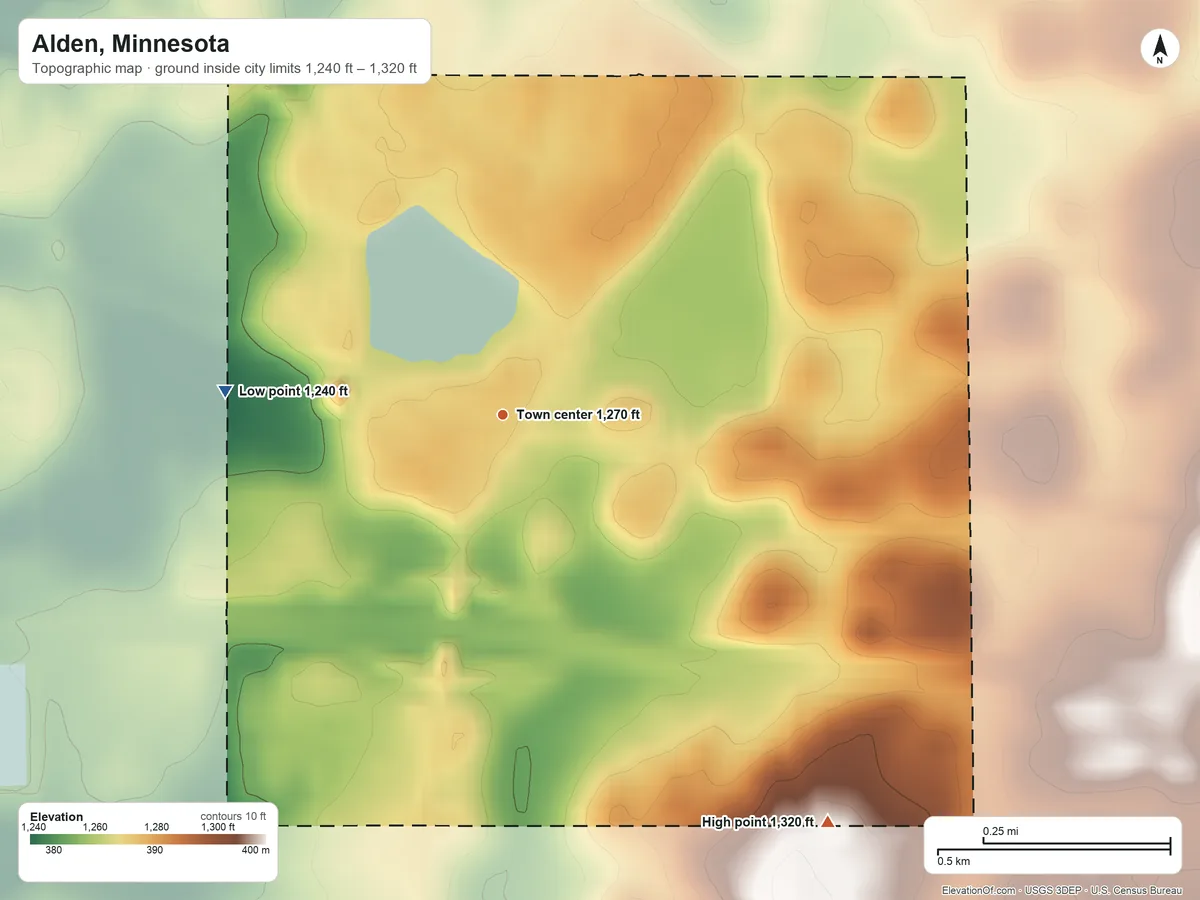 Topographic elevation map of Alden, Minnesota, shaded from 1,240 ft on the west side to 1,320 ft on the southeast side