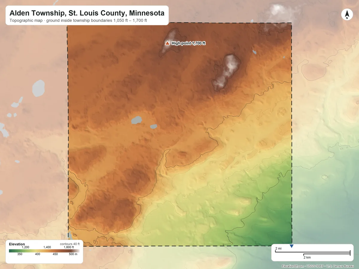 Topographic elevation map of Alden Township, St. Louis County, Minnesota, shaded from 1,050 ft on the southeast side to 1,700 ft on the northwest side