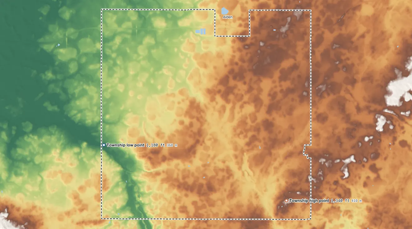 Topographic elevation map of Alden Township, Minnesota, shaded from 1,180 ft on the west side to 1,340 ft on the southeast side