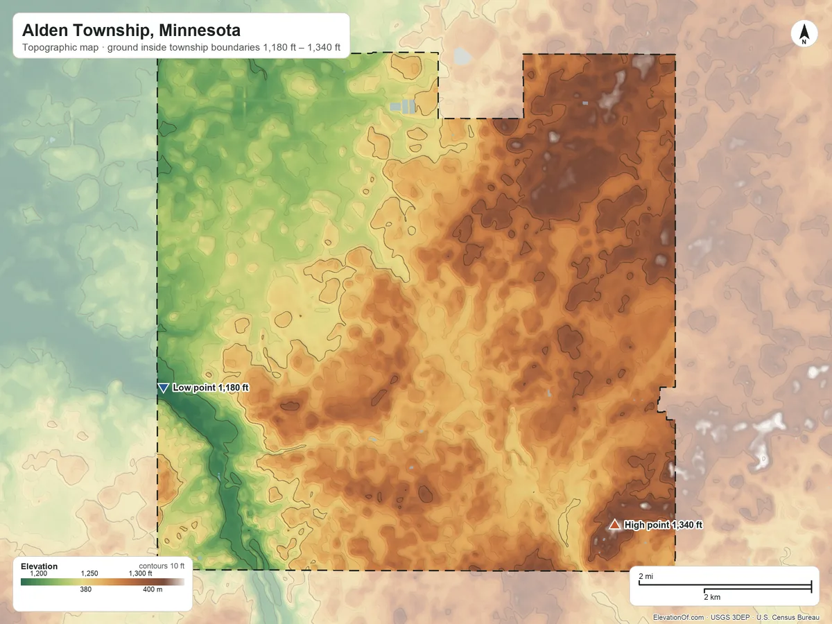Topographic elevation map of Alden Township, Minnesota, shaded from 1,180 ft on the west side to 1,340 ft on the southeast side