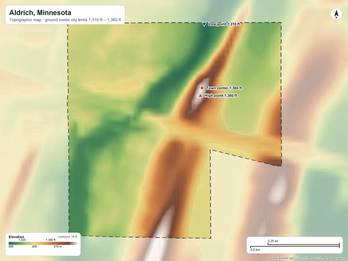 Topographic elevation map of Aldrich, Minnesota, shaded from 1,310 ft on the north side to 1,360 ft near the middle