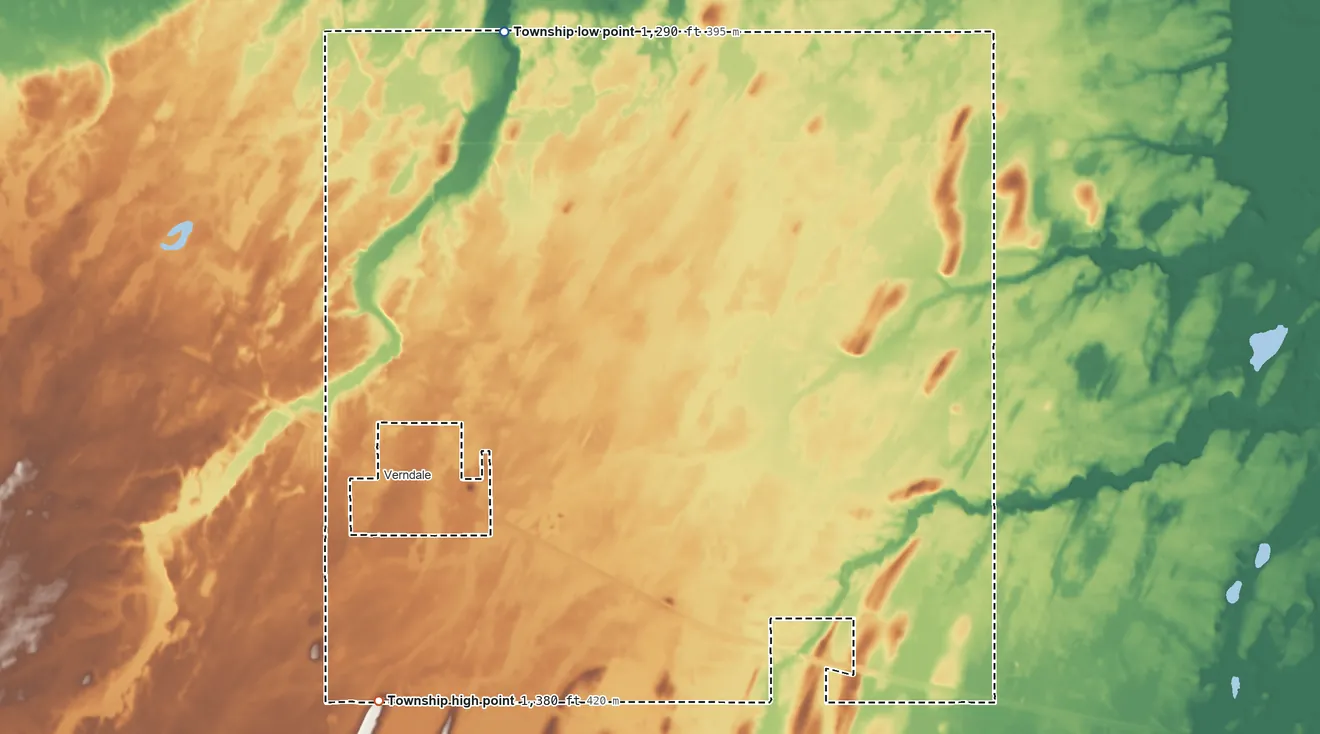 Topographic elevation map of Aldrich Township, Minnesota, shaded from 1,290 ft on the northwest side to 1,380 ft on the southwest side