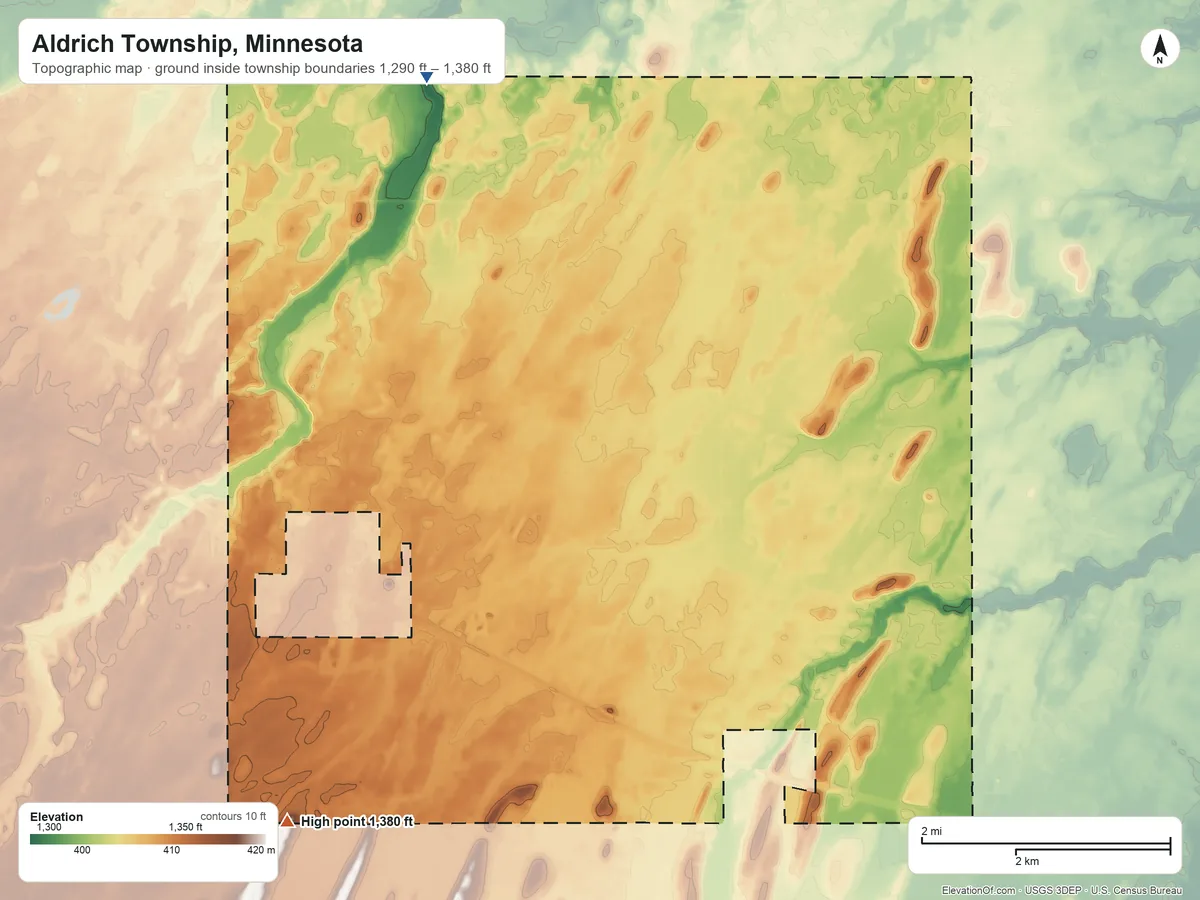Topographic elevation map of Aldrich Township, Minnesota, shaded from 1,290 ft on the northwest side to 1,380 ft on the southwest side