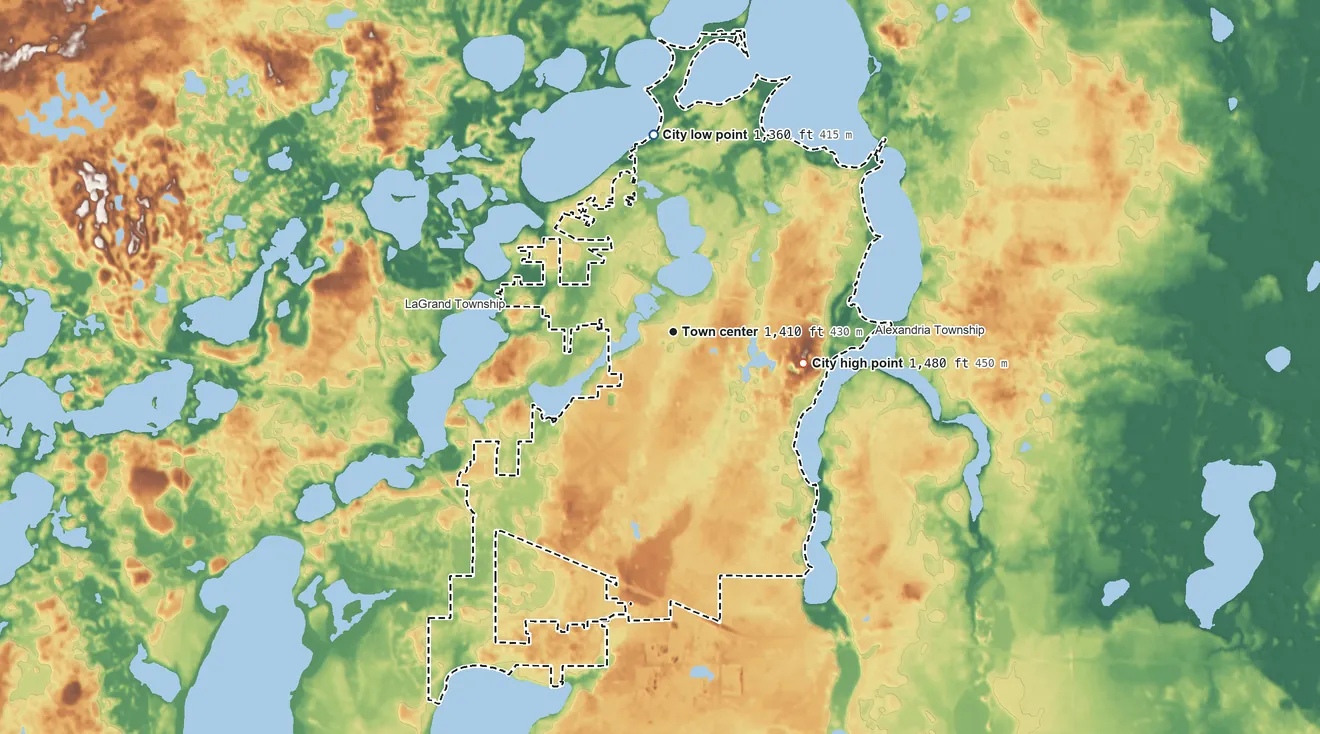 Topographic elevation map of Alexandria, Minnesota, shaded from 1,360 ft on the north side to 1,480 ft on the east side