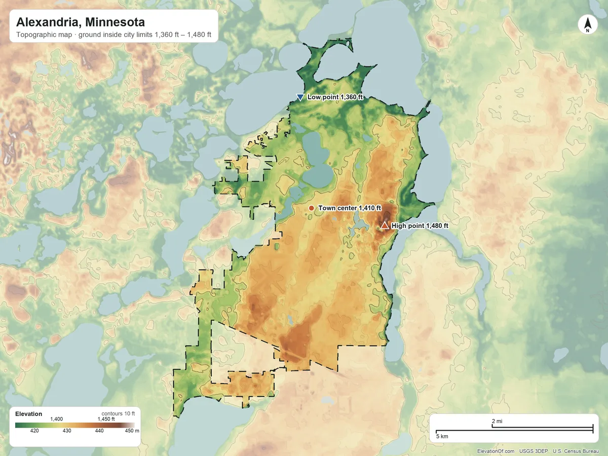 Topographic elevation map of Alexandria, Minnesota, shaded from 1,360 ft on the north side to 1,480 ft on the east side