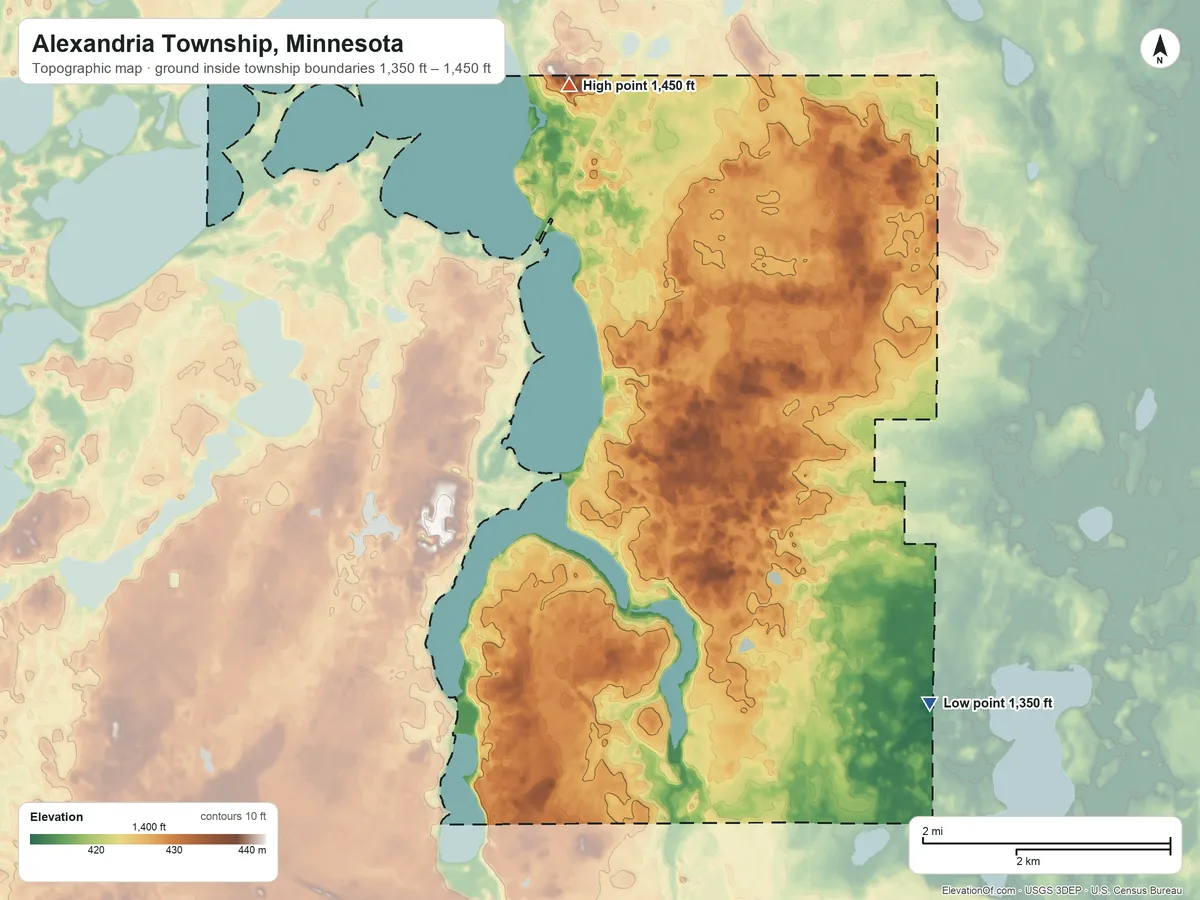 Topographic elevation map of Alexandria Township, Minnesota, shaded from 1,350 ft on the southeast side to 1,450 ft on the north side