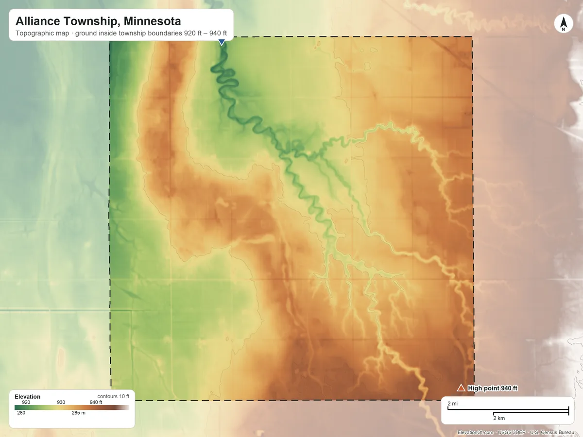 Topographic elevation map of Alliance Township, Minnesota, shaded from 920 ft on the northwest side to 940 ft on the southeast side