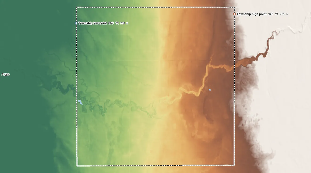 Topographic elevation map of Alma Township, Minnesota, shaded from 860 ft on the northwest side to 940 ft on the northeast side