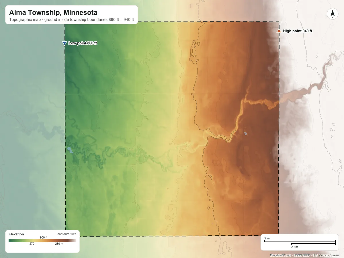 Topographic elevation map of Alma Township, Minnesota, shaded from 860 ft on the northwest side to 940 ft on the northeast side