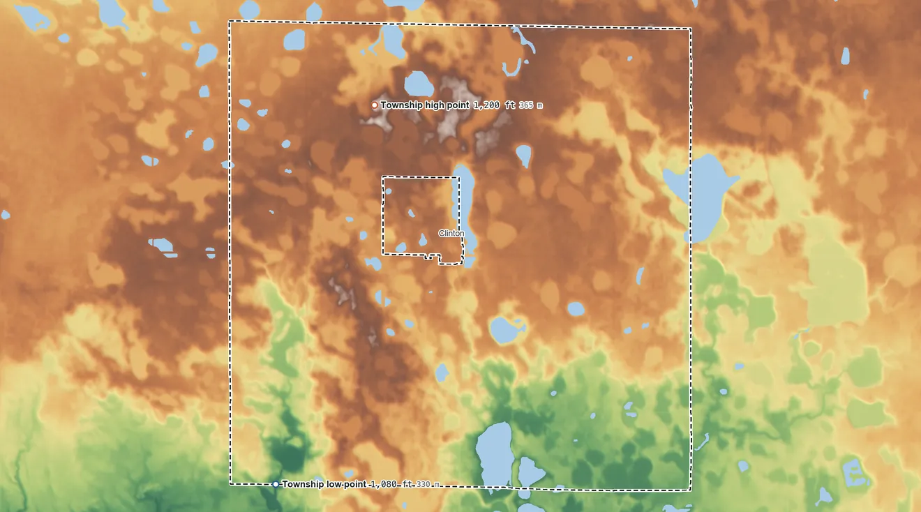 Topographic elevation map of Almond Township, Minnesota, shaded from 1,080 ft on the southwest side to 1,200 ft on the northwest side
